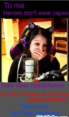 a woman with cat ears on her head in front of a microphone and the caption says, to me here don't wear capes