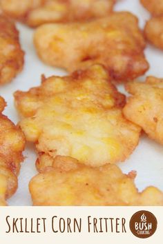 some fried food on a white plate with the words skillet corn fritter