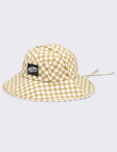 Vans Sunny Side Bucket Hat. The Sunny Side Bucket Hat Is A Wide Brimmed Bucket Hat Featuring Chin Straps, Printed Undervisor, And A Woven Label. Allover Checkerboard Pattern. 100% Cotton. Imported. Vans Adjustable Hats With Curved Brim, Vans Hats With Adjustable Fit And Curved Brim, Vans Adjustable Curved Brim Hat, Casual Vans Hats With Adjustable Fit, Vans Casual Adjustable Hats, Casual Adjustable Vans Hats, Yellow Adjustable Bucket Hat With Flat Brim, Adjustable Yellow Bucket Hat With Flat Brim, Retro Adjustable Bucket Hat With Flat Brim