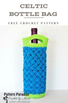 a crocheted bottle cover with the text, celtic bottle bag free crochet pattern