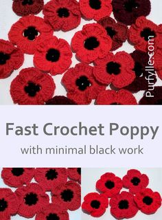 red and black crocheted poppys with the words fast crochet poppy