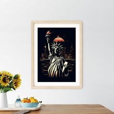 the statue of liberty is holding an umbrella in front of a bowl of sunflowers