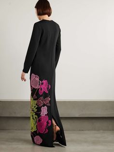 COSTARELLOS Rania embroidered crepe gown | NET-A-PORTER Summer Style Guide, Crepe Gown, Flat Dress Shoes, Dress Flats, Dainty Pendant, Embroidery Designs Fashion, Knitwear Tops, Elegant Outfit, Wide Leg Trousers