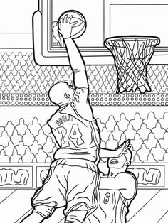 a basketball player jumping up to dunk the ball in front of another player coloring page