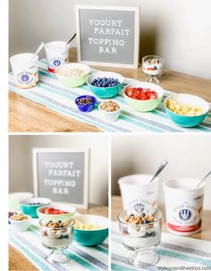 bowls of cereal and yogurt on a table with a sign that says youre parfait topping bar