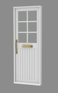 a white door with a gold handle on the top and side panels, in front of a gray wall