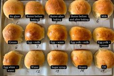 a baking sheet with different types of buns on it and instructions for how to bake them