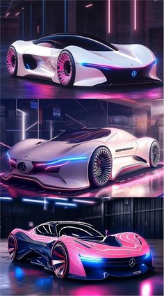 two futuristic cars with different colors and designs on them, one is pink and the other is blue