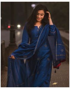 Shop Royal blue embroidered chanderi kurta and palazzo with dupatta- set of three | The Secret Label #royal #blue #salwar #suit Royal blue embroidered chanderi kurta and palazzo with dupatta- set of three by The Lotus Collective | The Secret Label Kurta And Palazzo, The Secret Label, Silk Kurti Designs, Churidar Designs