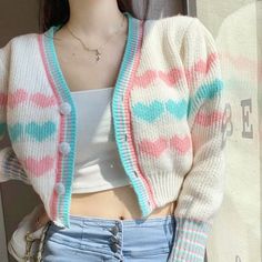 White Heart-shaped Sweater For Spring, Cute White V-neck Outerwear, Cute Multicolor Long Sleeve Cardigan, Casual Heart Print Cardigan For Spring, Girly Casual, J Stayc, Colorful Cardigan, Heart Cardigan, Color Heart