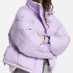 Puffer Jacket Lovely Lilac Color Super Cute And A Bit Cropped New With Tags Never Worn Cropped Puffer Coat, Duvet Coat, Polyester Jacket, Celebrity Pink, Warm Jacket, Large Bust, Puffer Coat, Small Bust, Puffer Jacket