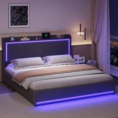 a large bed with lights on the headboard and foot board is lit up in purple