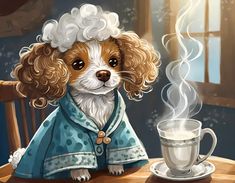 a dog sitting at a table with a cup of coffee