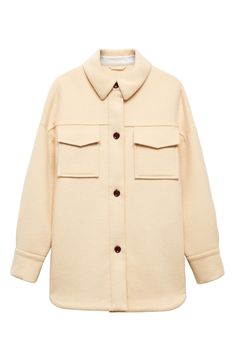 Offering the perfect blend of versatile style and exceptional warmth, this utility-inspired overshirt is cut in a roomy oversized fit from a felted wool blend. Front button closure Spread collar Button cuffs Chest flap patch pockets Lined 50% wool, 50% polyester Dry clean Imported Oversized Beige Collared Shacket, Beige Shacket With Patch Pockets For Winter, Beige Winter Shacket With Patch Pockets, Winter Beige Shacket With Patch Pockets, Beige Collared Shacket For Work, Oversized Cream Shacket With Long Sleeves, Oversized Cream Long Sleeve Shacket, Cream Oversized Button-up Shacket, Chic Oversized Shacket For Work