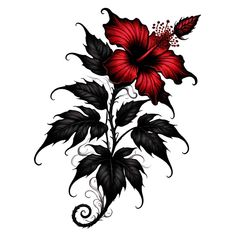 a red flower with black leaves and swirls on the petals is shown in this tattoo design