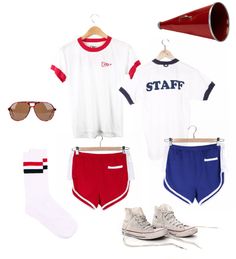 various items are arranged on a white background including t - shirt, shorts and sneakers