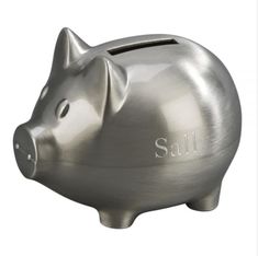 a silver piggy bank with the word sally written on it's side