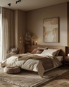 a large bed sitting next to a window in a bedroom on top of a wooden floor