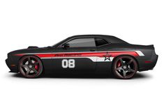 a black car with red stripes on it's side and the number 80 painted on its