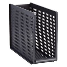 a black plastic bin with holes on the front and sides, for storing items or other things