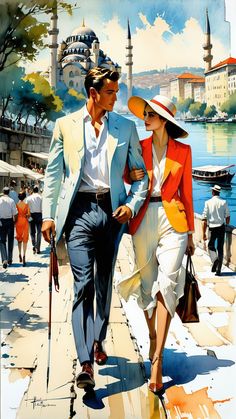 a painting of a man and woman walking down the street