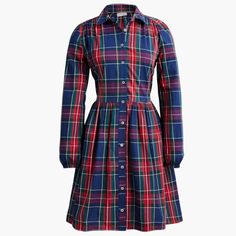 Brand: J Crew Factory Description: Cotton Mini Shirtdress In Color Antique Navy Deep Ruby 100% Cotton. Button Front. Machine Wash. Import. Item Bf855. Size: Women's Us 10 (205032), (12) 205033, (14) 205034 Christmas Plaid Dress, Christmas Tartan, Red Plaid Dress, Christmas Plaid, J Crew Dress, Plaid Christmas, J Crew Factory, Shirtdress, Plaid Dress