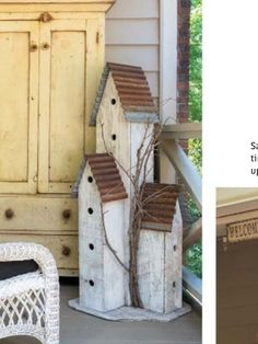 two pictures of birdhouses on the porch and in front of an old cabinet with a tree growing out of it