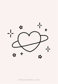 a black and white drawing of a heart with an object in the middle, surrounded by stars