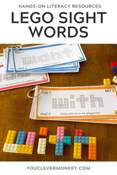 lego sight words on a wooden table with text overlay that reads hands - on literacy resources