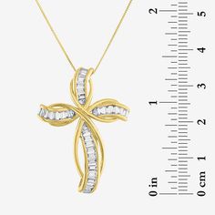 This women's cross pendant necklace features a chic fluid shape you'll love wearing to stand apart. Made from 10K Yellow Gold, this necklace comes on a dainty box chain and 1 carat of baguette-cut Lab-Grown Diamonds set into the cross shaped pendant. Features: Religious Jewelry, Adjustable Chain, Quick ShipDiamond Clarity: Si2-I1Jewelry Closure: Spring Ring ClaspSetting: ChannelShape: CrossStone Cut: BaguetteDiamond Color: G-HMetal Color: YellowChain Length: 18 InchExtender Length: 2 InchRounded Anniversary Jewelry With Adjustable Chain And Cross Shape, Anniversary Jewelry With Adjustable Cross Chain, Adjustable Cross Chain Jewelry For Anniversary, Adjustable Chain Cross Jewelry For Anniversary, Gold Cross Pendant, Cross Jewelry, Gold Cross, Baguette Cut, Cross Pendant Necklace