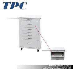 an image of a white cabinet with drawers on wheels and the words tipc above it