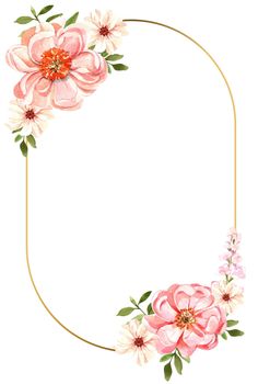 an oval frame with pink flowers and green leaves on the edges, painted in watercolor