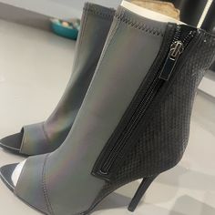 New Heels Reflection Shows When Light Hits Them Gray Open Toe Heels For Evening, Gray Heels For Spring Party, Gray Party Heels For Spring, Gray Pointed Toe Party Heels, Gray Pointed Toe Heels For Party, Black Pointed Heels, Gold Stiletto Heels, White Strappy Sandals, Gold Stilettos