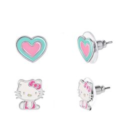 2 Sets Of Earrings Hello Kitty Set 1: Stud Closure Full Size Hello Kitty Pink Bow Over Ears Fine Silver Plated Set 2: Heart Shaped Light Blue Outside Pink Inside Fine Silver Plated Cute As Gift For Tweens, Kids Or Hello Kitty Lover Cute Hypoallergenic Earrings, Cute Pink Hypoallergenic Heart Earrings, Cute Pink Heart Earrings For Birthday, Cute Blue Earrings For Valentine's Day, Playful Pink Earrings With Cute Design, Trendy Pink Hello Kitty Jewelry, Cute Hypoallergenic Heart Earrings, Cute Blue Heart Earrings, Kawaii Pink Cat Design Jewelry