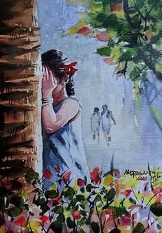 Childhood days... girls... Coconut Tree... Kerala village scene... watercolor painting by Mopasang Valath Village Scene Watercolor, Daily Life Scene Drawing, Indian Village Watercolor Painting, Village Life Painting Indian, Daily Life Scene Painting, Childhood Memories Paintings, Art Village Painting, Childhood Drawing Ideas