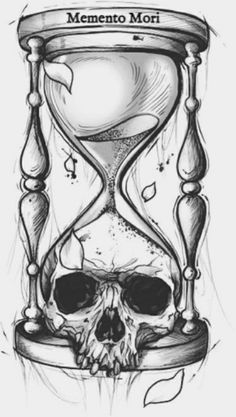 a drawing of an hourglass with a skull inside