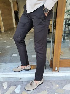 GentWith Ely Slim Fit Cotton Pants - Jet Black Slim Fit Black Summer Pants, Tight Black Cotton Pants, Black Slim Fit Flat Front Pants, Classic Black Slim Fit Pants, Black Slim Fit Dress Pants, Black Cotton Pants, Chic Clothing, Business Suit, Slim Fit Pants