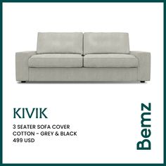 an advertisement for a sofa and chair with the text kmik 3 seater sofa cover cotton - grey & black