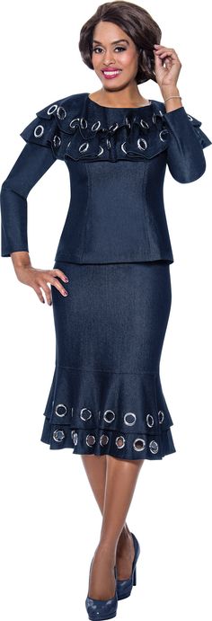 Devine Sport 63732 grommet denim skirt suit Fitted Elegant Denim Blue Bottoms, Fitted Blue Denim Sets, Fitted Denim Sets For Spring, Spring Denim Fitted Sets, Church Attire For Women, Suit Colors, Womens Casual Suits, Jeans Outfit For Work, Womens Suit