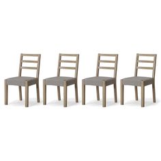 the four chairs are all lined up in a row, one is grey and the other is light brown