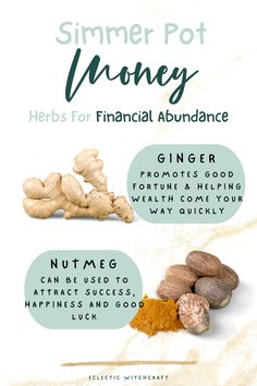 the benefits of honey for financial abundance info sheet with text overlaying it and an image of ginger, nutmeg, cinnamon, can be used to attract success,