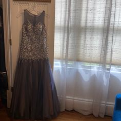 Beautiful Beaded Bluish Gray Jovani Gown. Never Worn. New With Tags. Gray Evening Dress With Sweep Train, Gray Evening Dresses With Sweep Train, Gray Sweep Train Evening Dress, Gray Floor-length Prom Season Gown, Gray Floor-length Gown For Prom Season, Gray Dress For Prom Season, Gray Evening Dress With Sweep Train For Prom, Gray Floor-length Prom Evening Dress, Embellished Gray Evening Dress For Wedding