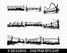 a set of 9 hand drawn barbed wire and wood fence designs for svng or png