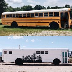 an old school bus with trees painted on the side and another photo of a new school bus