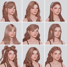 six different poses of a woman's face with various hair types and hairstyles