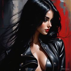 a painting of a woman with long black hair wearing a leather jacket and red lipstick