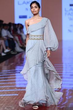 Shop for Ridhi Mehra Blue Chiffon Printed One Shoulder Gown With Belt for Women Online at Aza Fashions Gown With Belt, Ridhi Mehra, Ruffle Gown, Shoulder Ruffle Dress, One Shoulder Gown, Belt For Women, Blue Gown, Ladies Gown, Gowns Online