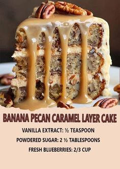 there is a cake with pecans on top and caramel sauce drizzled over it