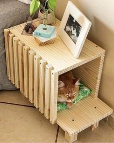 a cat laying on top of a wooden shelf