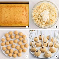 four pictures showing how to make cookies and then place them on a plate with toothpicks